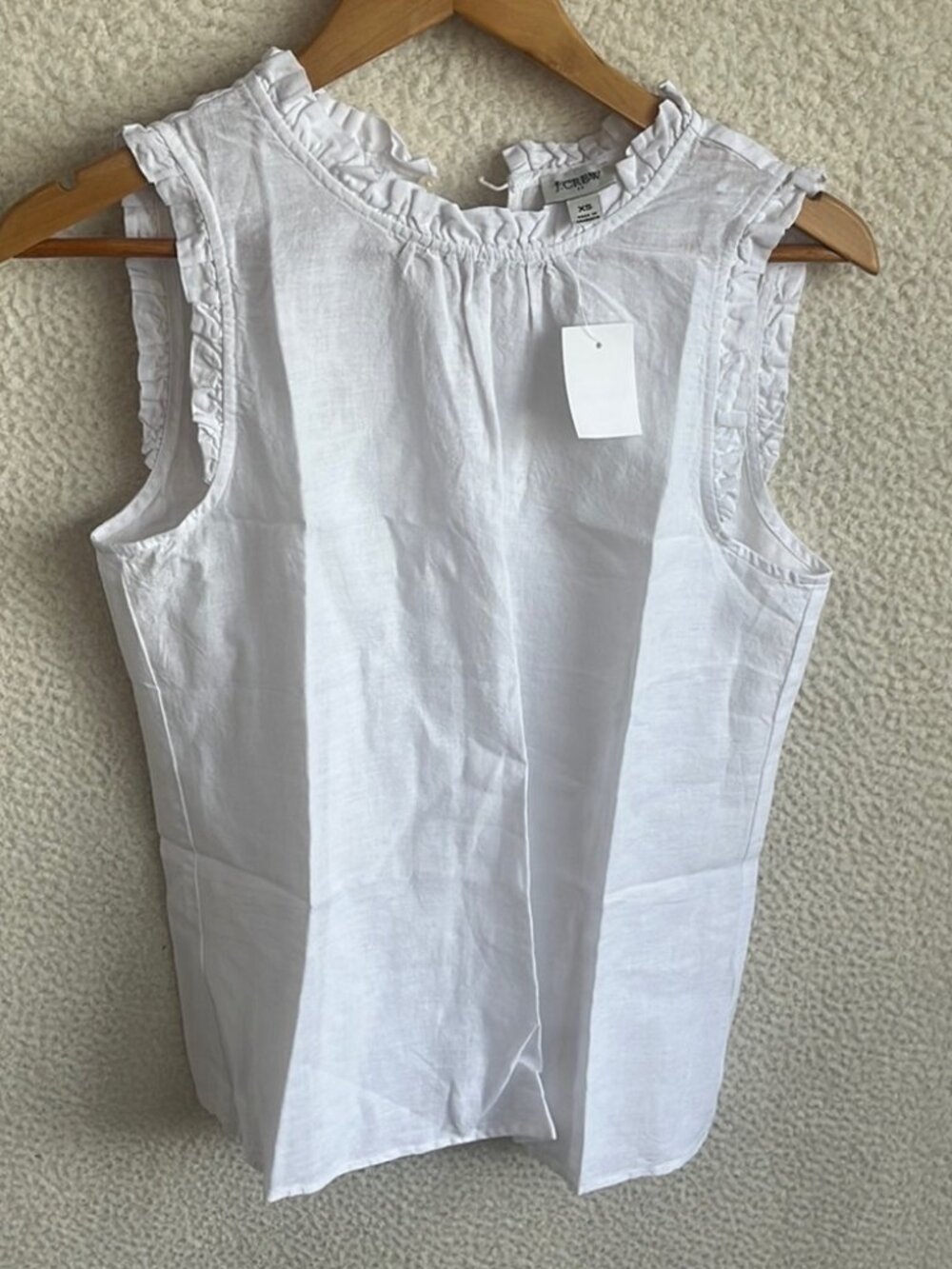 NWT J.Crew Sleeveless Ruffle Neck Linen Top White XS Summer Blouse